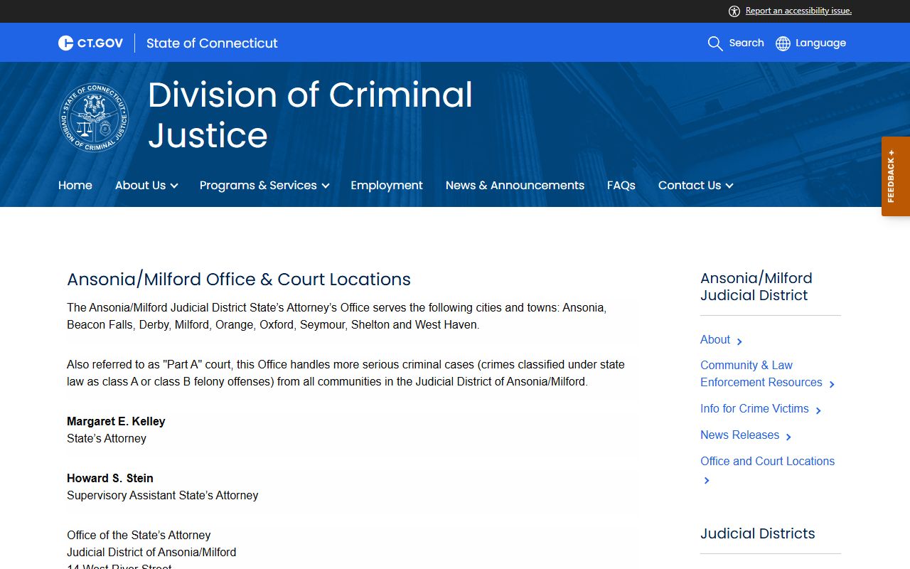 Ansonia-Milford State's Attorney contacts for Milford court records after a jail arrest, Part A and GA 22 Part B