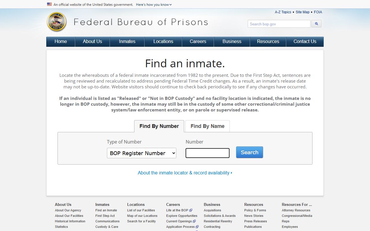 Federal Bureau of Prisons inmate locator search fields used as a Milford County inmate records fallback