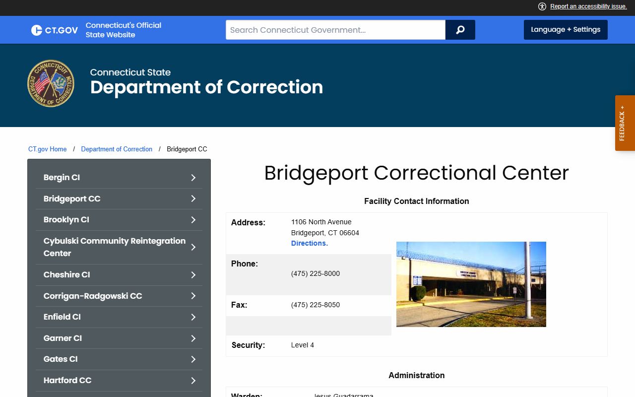 Bridgeport Correctional Center facility page showing the Milford Superior Court service area and inmate contact details