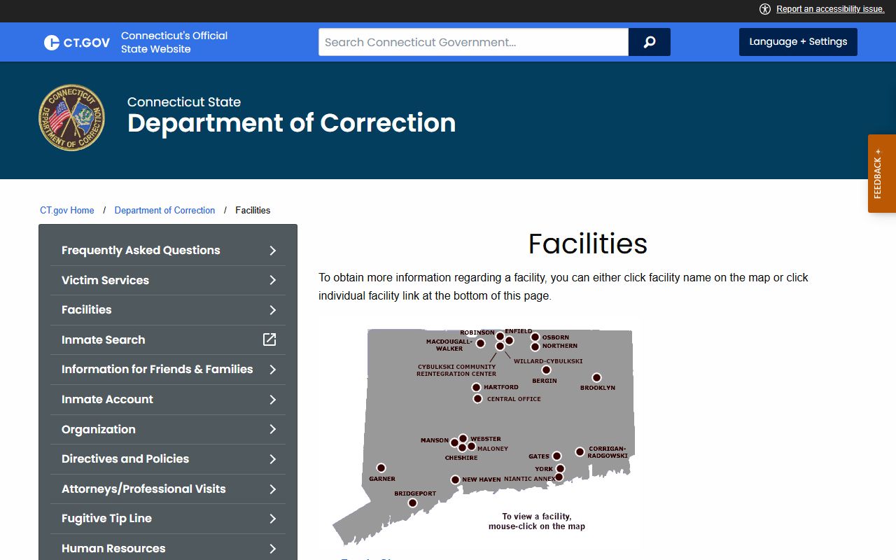 Connecticut DOC facilities map showing no inmate facility located in Milford