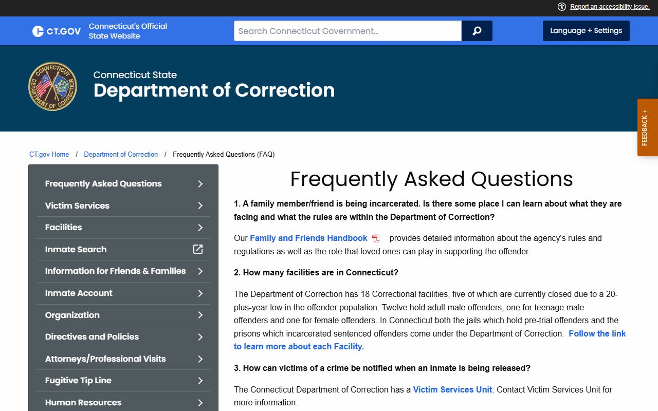 Connecticut DOC FAQ page covering Bridgeport Correctional Center inmate mail, money deposit, and phone rules