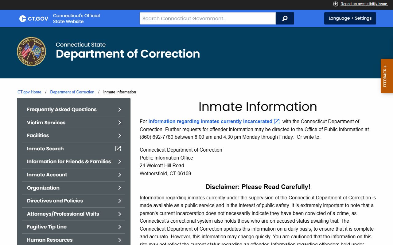 Connecticut DOC inmate information disclaimer page used to search Milford County inmate records