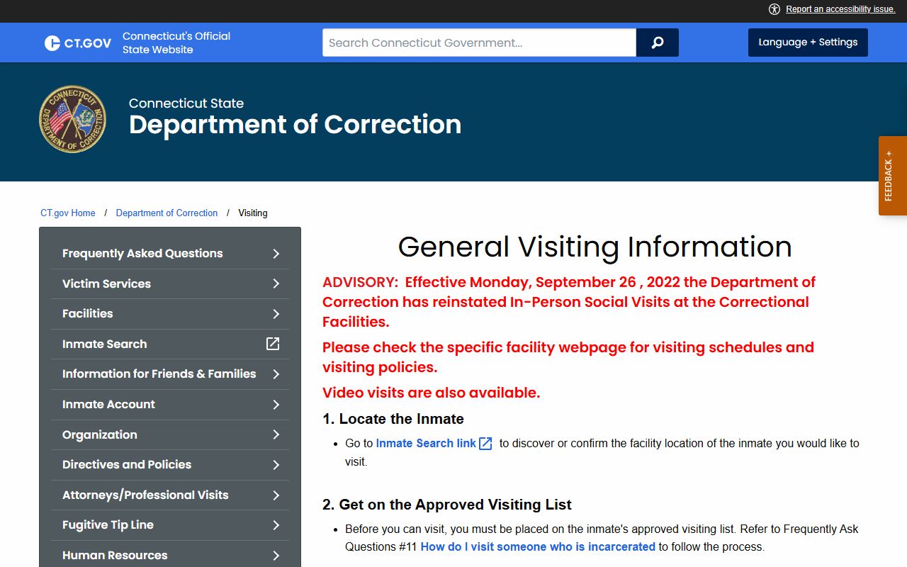 Connecticut DOC general visiting rules page for New Haven Correctional Center visits