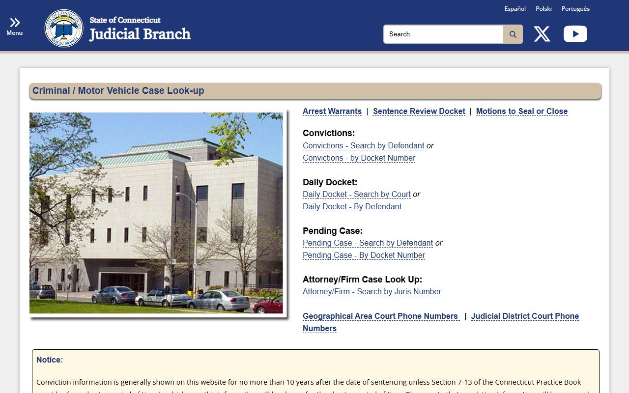 Connecticut Judicial criminal case lookup menu for finding Milford court charges and inmate case records