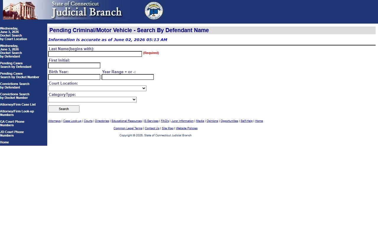 Connecticut Judicial pending case defendant search fields for Milford court records after a jail arrest