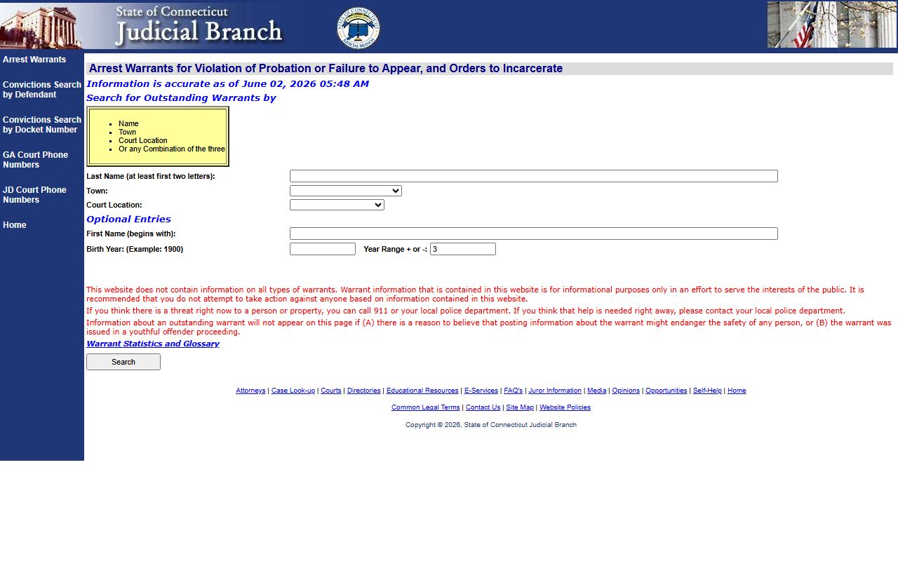 Connecticut Judicial warrant search with Milford town filter for court records after a jail arrest