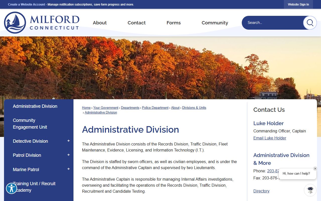 Milford Police Administrative Division page describing records and booking photo request handling in Milford County