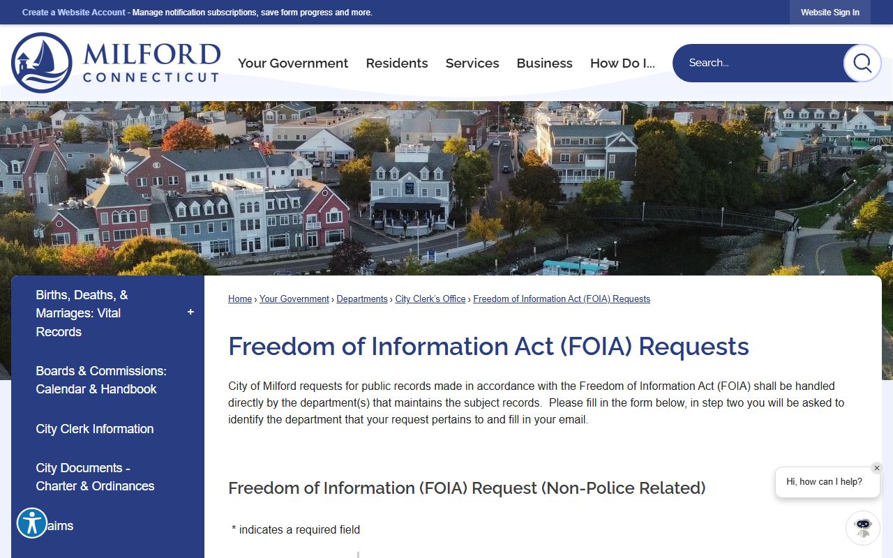 City of Milford FOIA page explaining public records law behind Milford County booking photos and arrest records