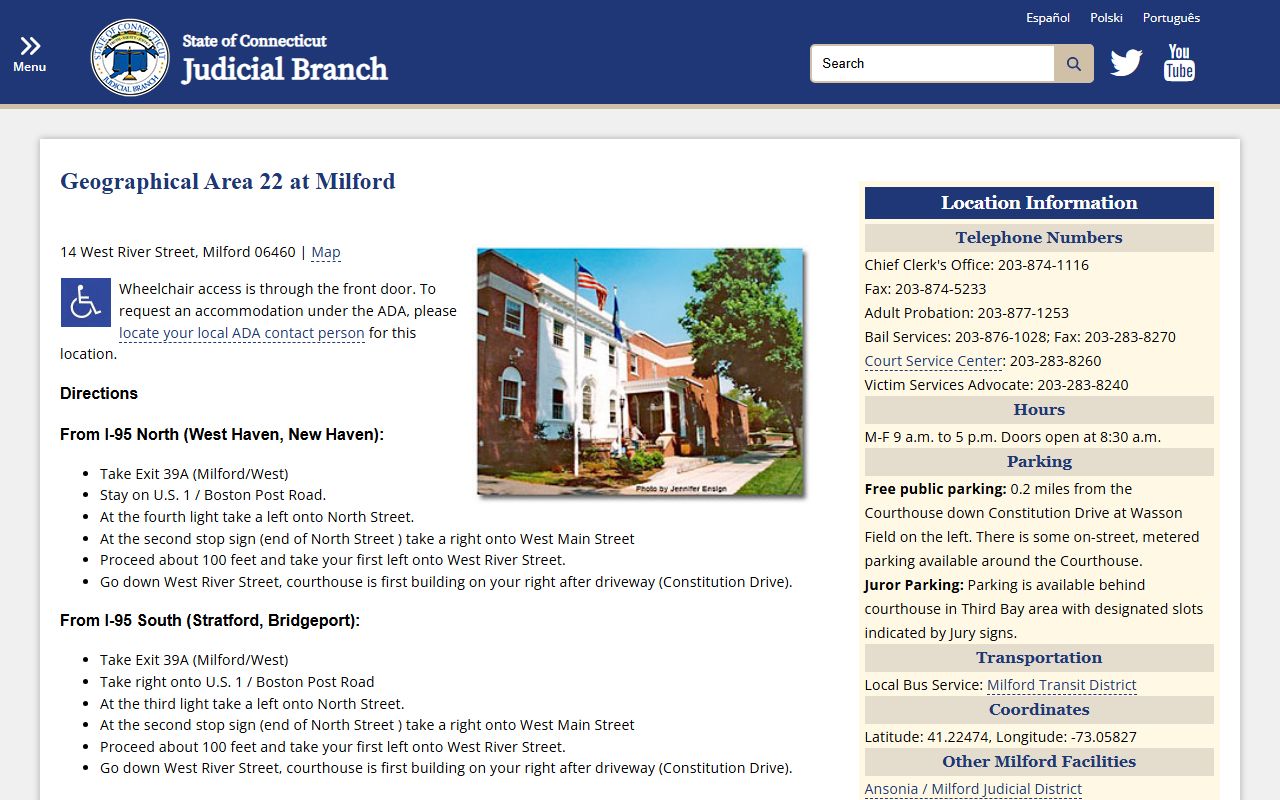 Geographical Area No. 22 Milford courthouse directions for finding court records after a jail arrest