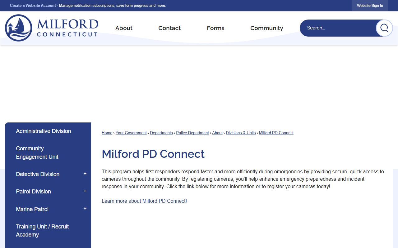 Milford PD Connect camera registration page, not a Milford County mugshots or booking photos tool