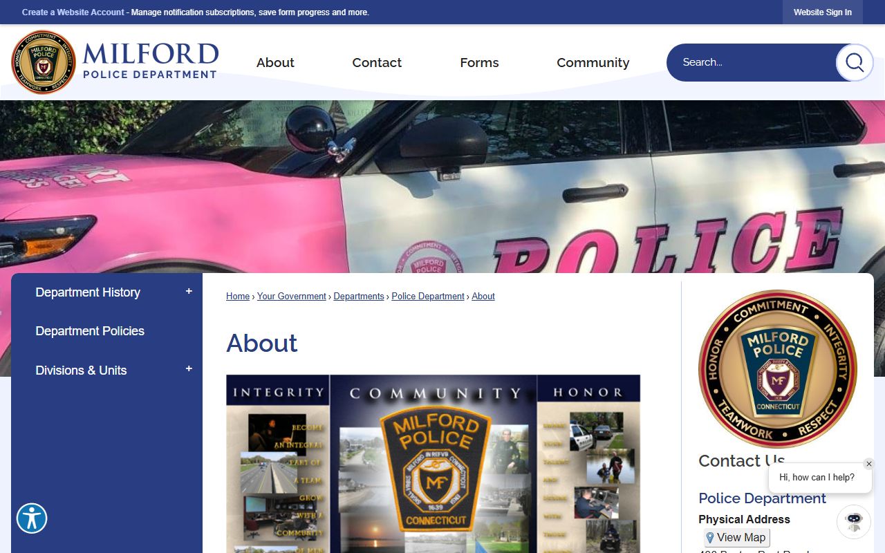 Milford Police about and contact page listing address, chief, and phone numbers for Milford arrest records