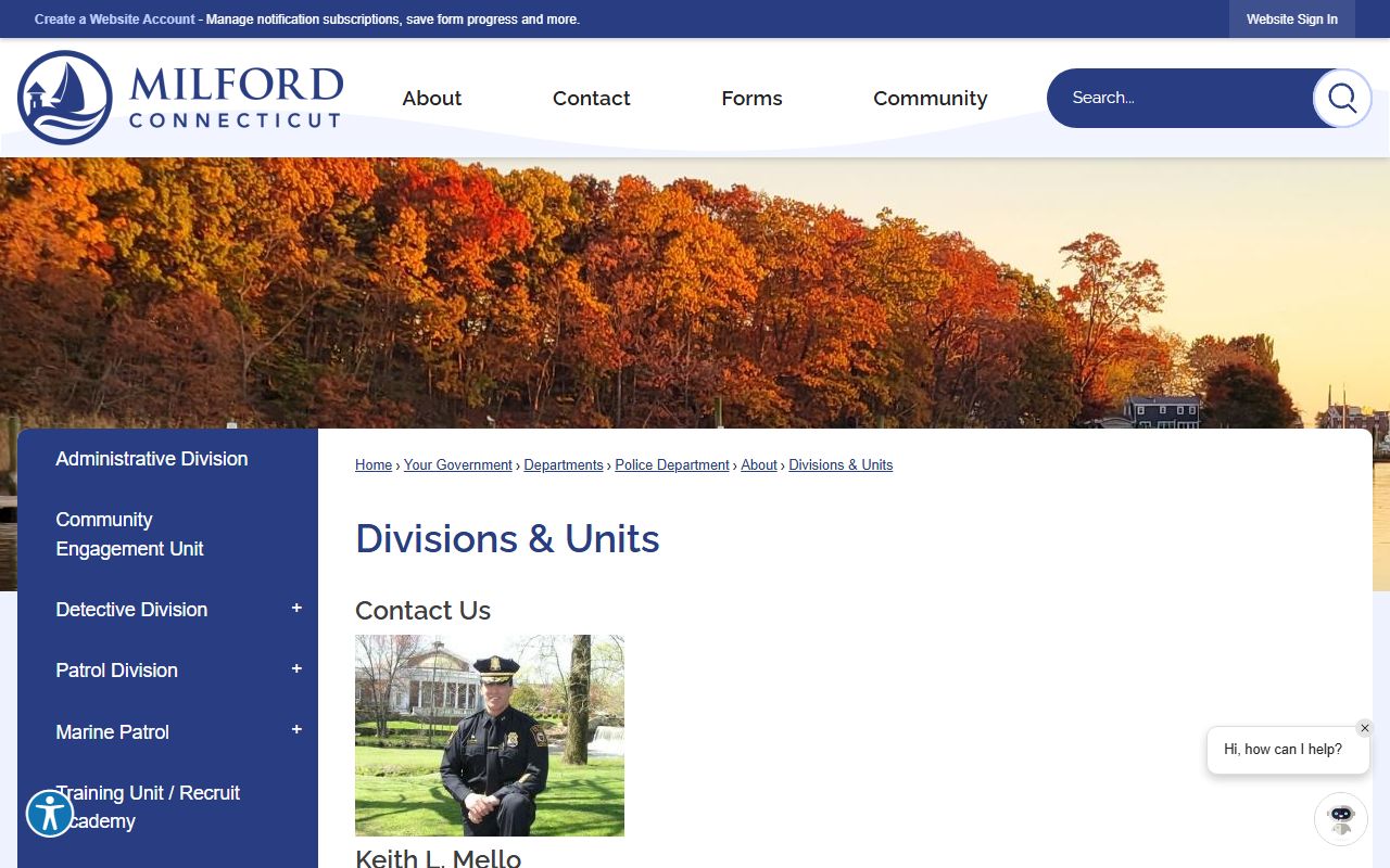 Milford Police divisions and units page showing the Records Division contact for Milford arrest records