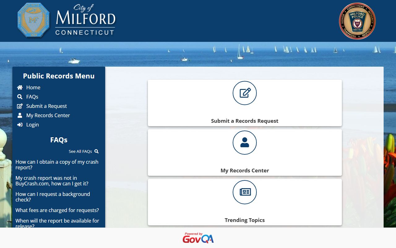 Milford County Police GovQA public records center for requesting inmate arrest and incident reports