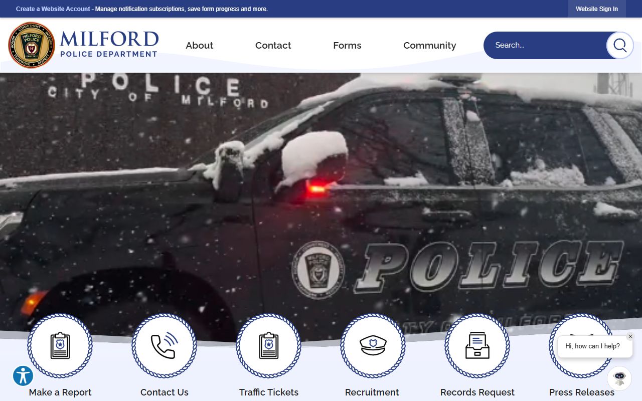 Milford Police Department home page with records request and arrest information links for Milford custody records