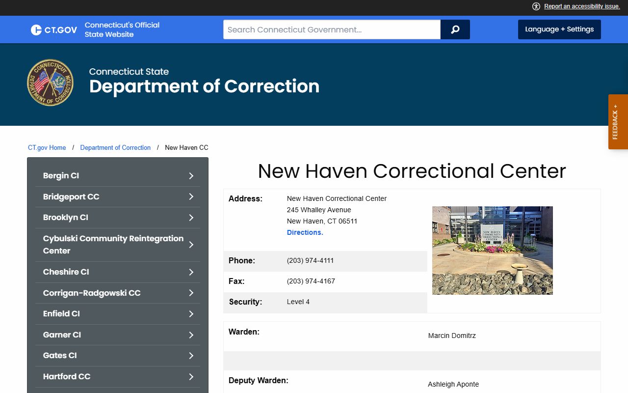 New Haven Correctional Center inmate facility page on the Connecticut DOC site